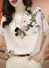 Mode Weiß O-Ausschnitt Print Chiffon Blusen Sommer